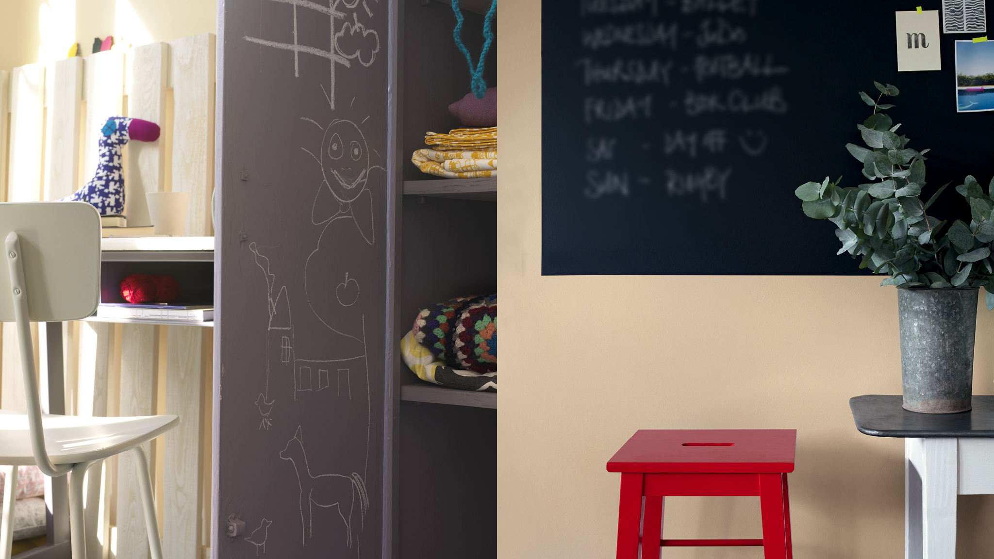 Creer une palette de couleurs amusante avec une peinture pour tableau noir La peinture pour tableau noir ajoute une touche ludique à une palette - mais elle est également pratique. Les tout-petits peuvent l'utiliser pour dessiner ou s'exercer à l'écriture.
