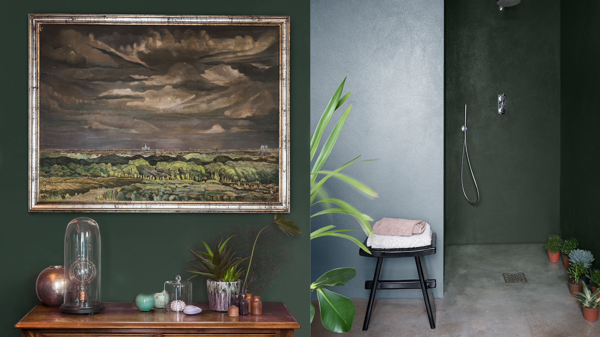 Des verts aux accents naturels Le mariage de couleurs riches et de meubles originaux crée une pièce qui raconte une histoire.
