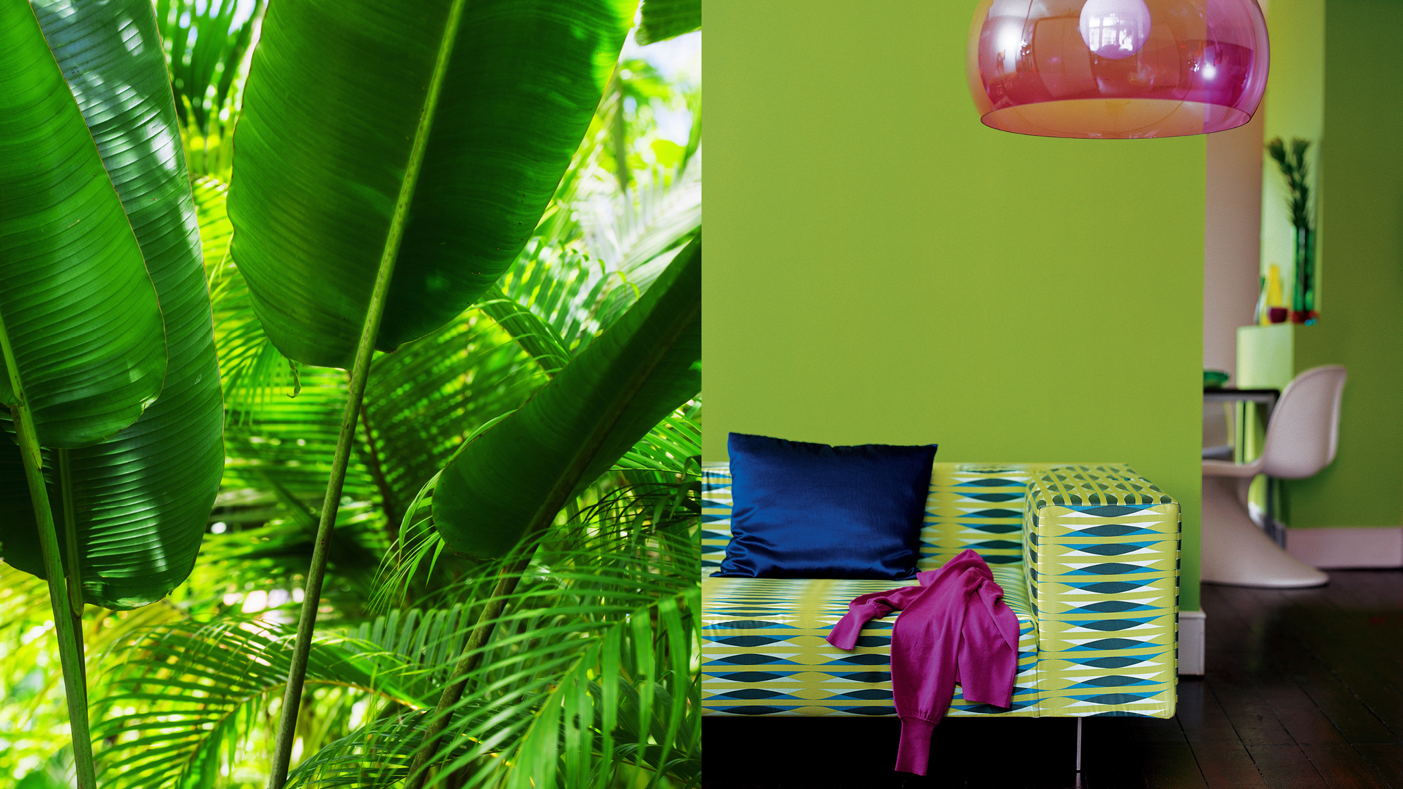 Inspiré par la nature Donnez de l'énergie à un espace grâce à des verts tropicaux entrecoupés par des touches lumineuses de couleur.