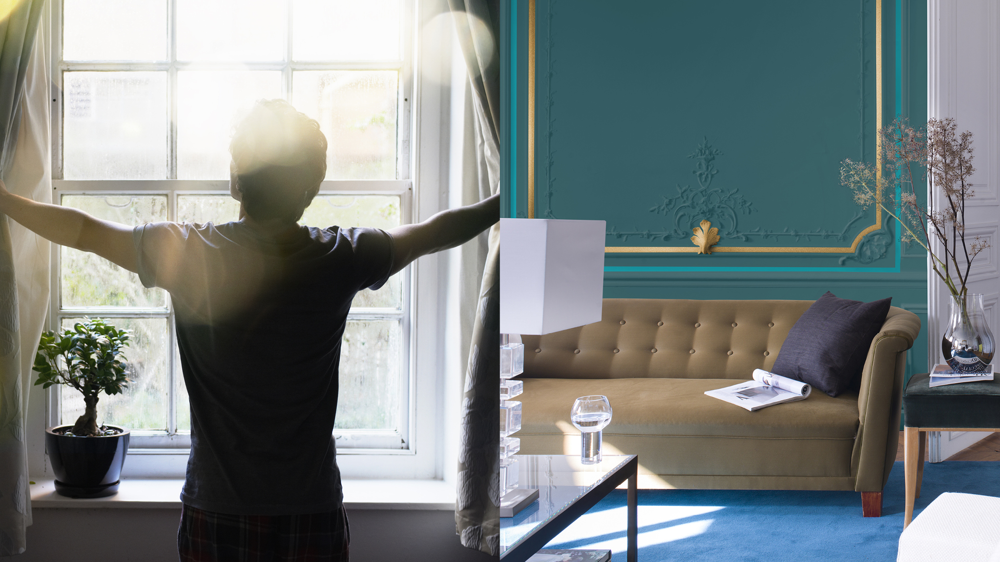 Une salle de sejour belle et lumineuse Les pièces qui captent le lever du soleil sont celles qui observent le plus grand nombre de variations de la lumière au cours de la journée. À l'aube, la lumière a une légère teinte rosâtre, qui progressivement passe au bleu au fur et à mesure de la matinée.